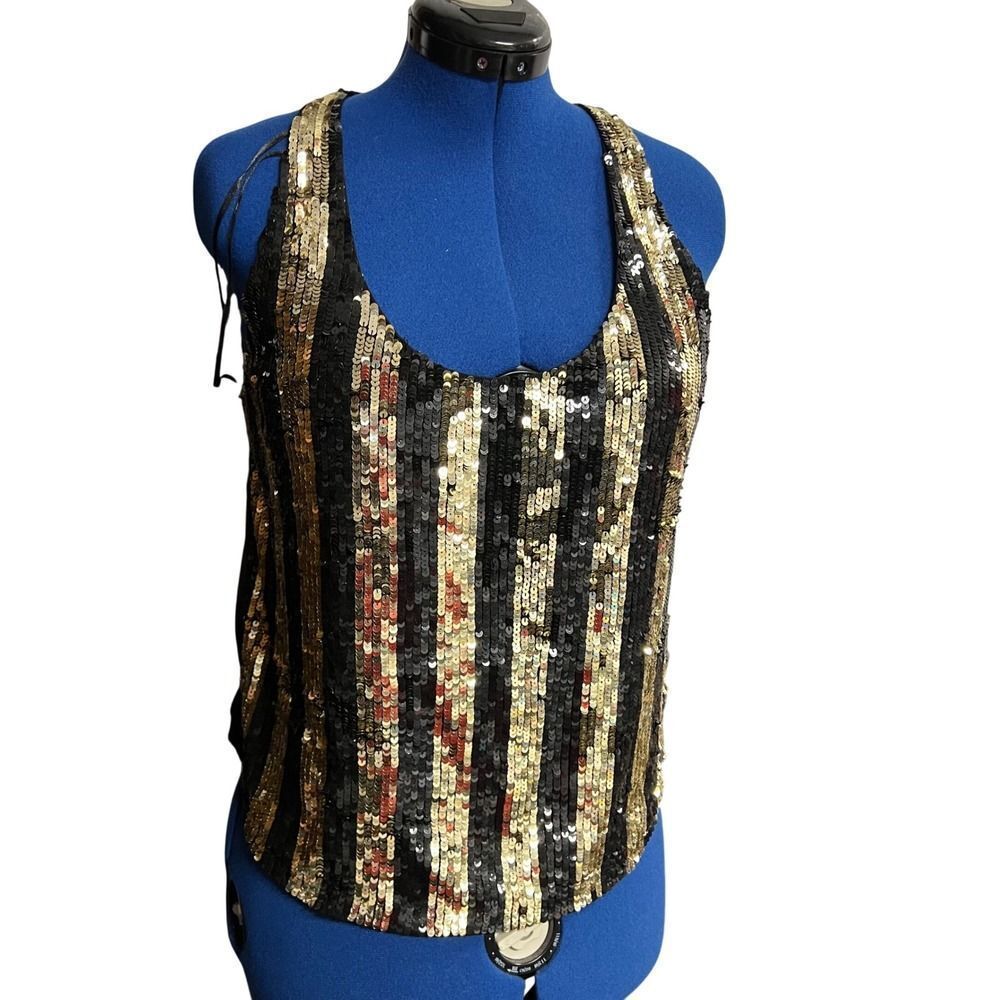 ETA Women's‎ XL Black Gold Sequin Striped Mesh Back Tank Top Spark Tank